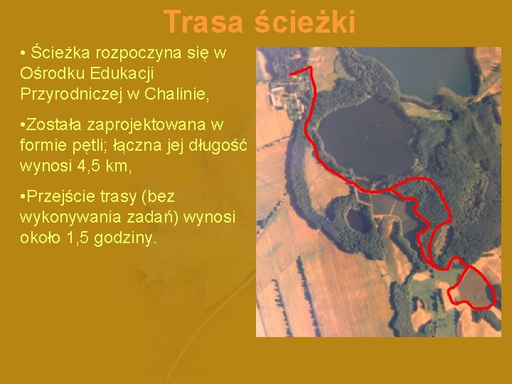 Trasa ścieżki • Ścieżka rozpoczyna się w Ośrodku Edukacji Przyrodniczej w Chalinie, • Została