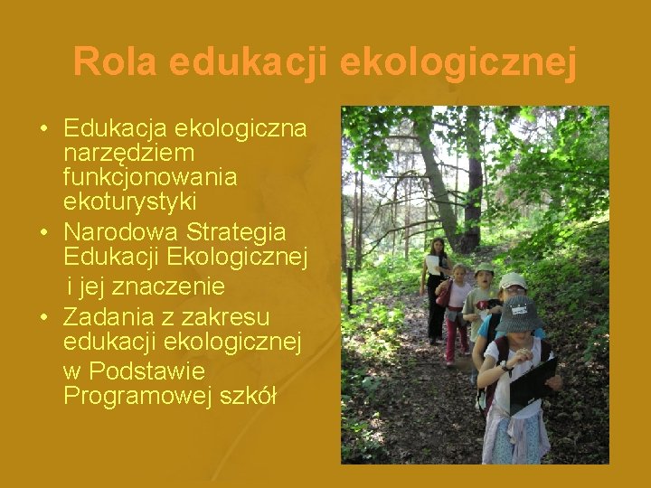 Rola edukacji ekologicznej • Edukacja ekologiczna narzędziem funkcjonowania ekoturystyki • Narodowa Strategia Edukacji Ekologicznej