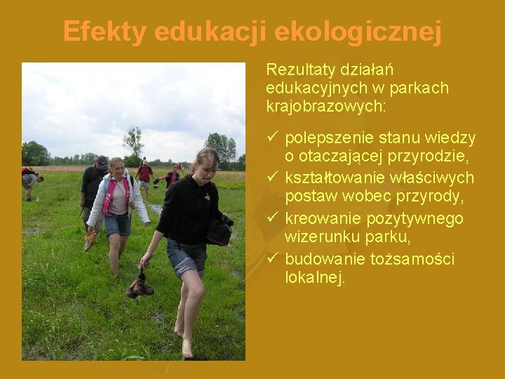 Efekty edukacji ekologicznej Rezultaty działań edukacyjnych w parkach krajobrazowych: ü polepszenie stanu wiedzy o