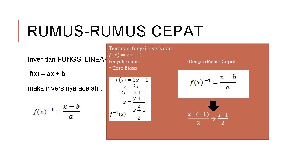 RUMUS-RUMUS CEPAT Inver dari FUNGSI LINEAR: f(x) = ax + b maka invers nya