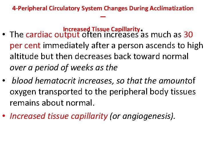 4 -Peripheral Circulatory System Changes During Acclimatization — Increased Tissue Capillarity . • The