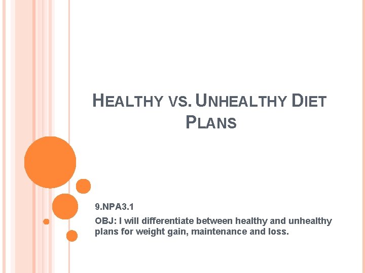 HEALTHY VS. UNHEALTHY DIET PLANS 9. NPA 3. 1 OBJ: I will differentiate between