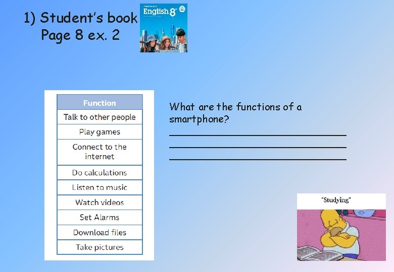 1) Student’s book Page 8 ex. 2 What are the functions of a smartphone?