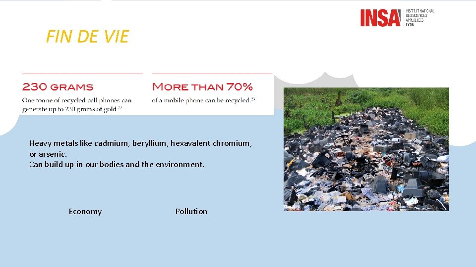 FIN DE VIE Heavy metals like cadmium, beryllium, hexavalent chromium, or arsenic. Can build