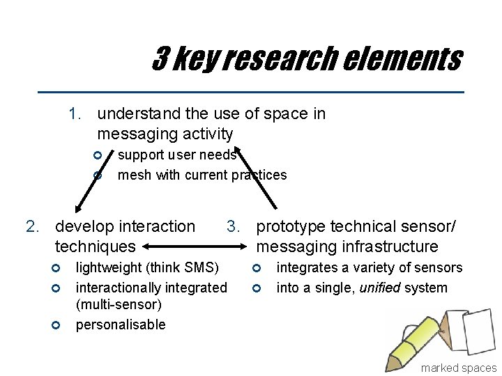 3 key research elements 1. understand the use of space in messaging activity support