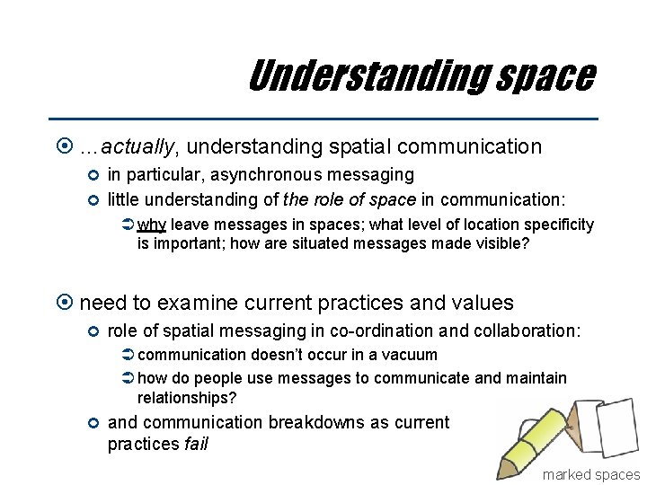 Understanding space …actually, understanding spatial communication in particular, asynchronous messaging little understanding of the