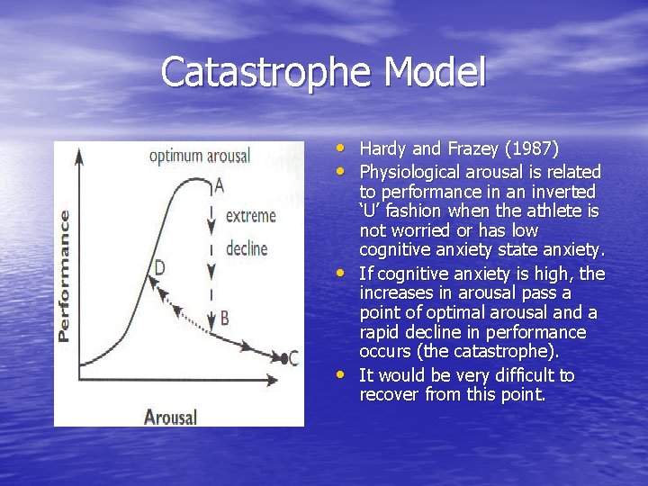 Catastrophe Model • Hardy and Frazey (1987) • Physiological arousal is related • •
