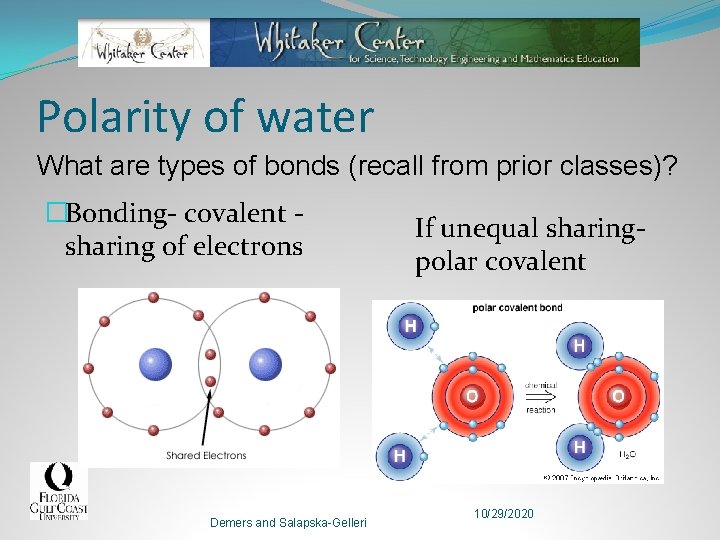 Polarity of water What are types of bonds (recall from prior classes)? �Bonding- covalent