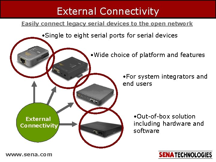 External Connectivity Easily connect legacy serial devices to the open network • Single to