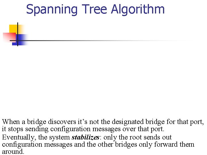 Spanning Tree Algorithm When a bridge discovers it’s not the designated bridge for that