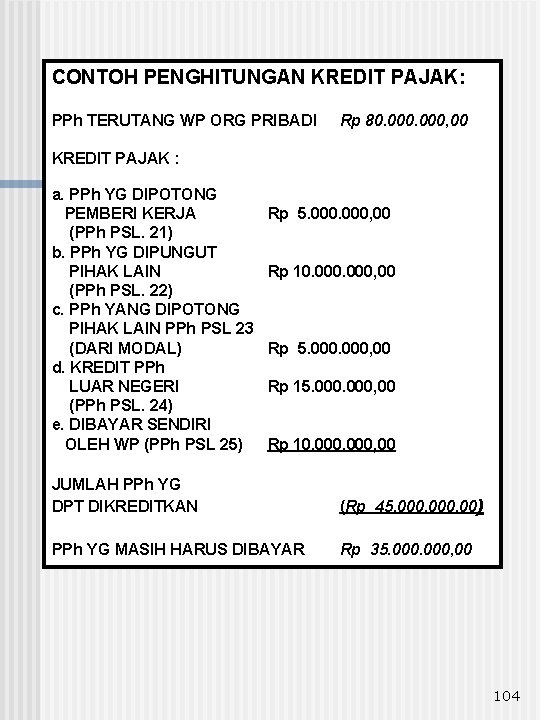 CONTOH PENGHITUNGAN KREDIT PAJAK: PPh TERUTANG WP ORG PRIBADI Rp 80. 000, 00 KREDIT