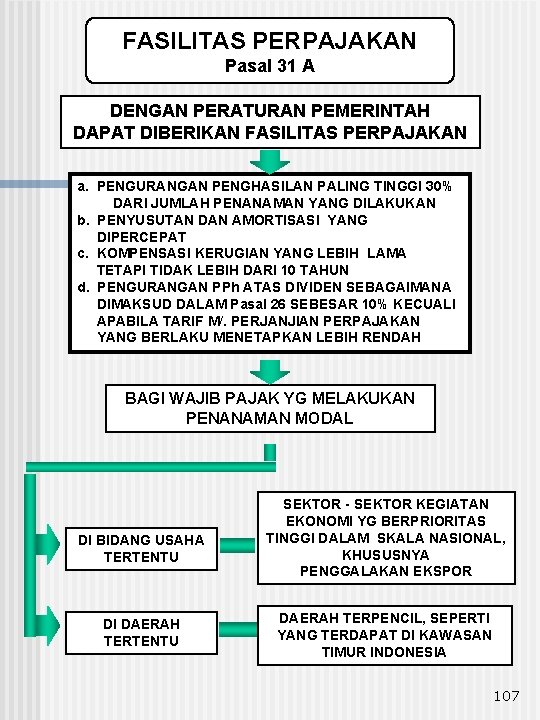 FASILITAS PERPAJAKAN Pasal 31 A DENGAN PERATURAN PEMERINTAH DAPAT DIBERIKAN FASILITAS PERPAJAKAN a. PENGURANGAN