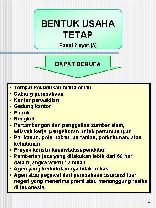 BENTUK USAHA TETAP Pasal 2 ayat (5) DAPAT BERUPA • • • Tempat kedudukan