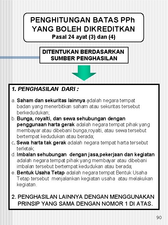 PENGHITUNGAN BATAS PPh YANG BOLEH DIKREDITKAN Pasal 24 ayat (3) dan (4) DITENTUKAN BERDASARKAN