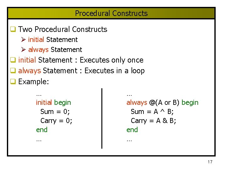 Procedural Constructs q Two Procedural Constructs Ø initial Statement Ø always Statement q initial