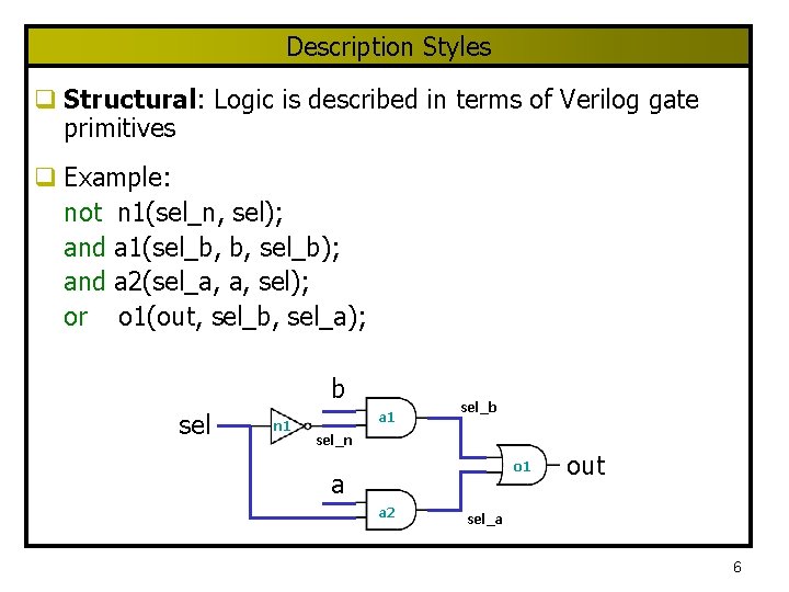 Description Styles q Structural: Logic is described in terms of Verilog gate primitives q