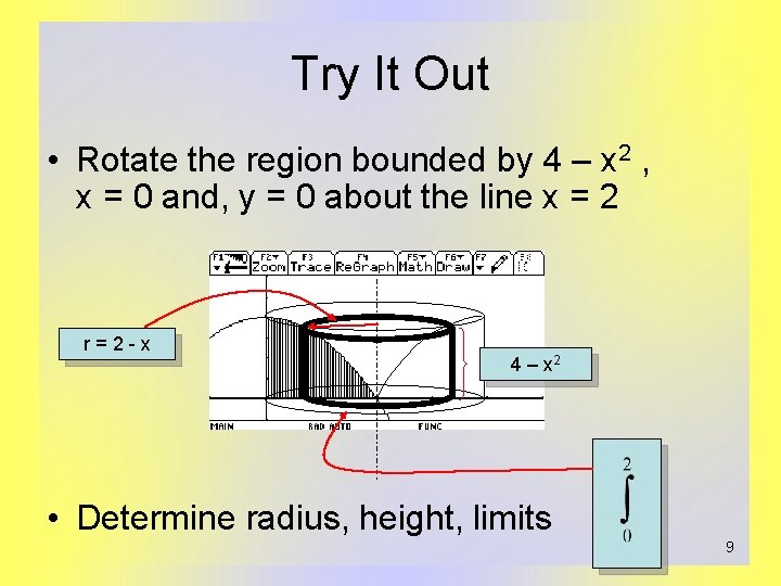 Try It Out • Rotate the region bounded by 4 – x 2 ,