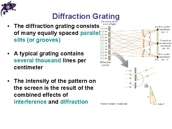 Diffraction Grating • The diffraction grating consists of many equally spaced parallel slits (or