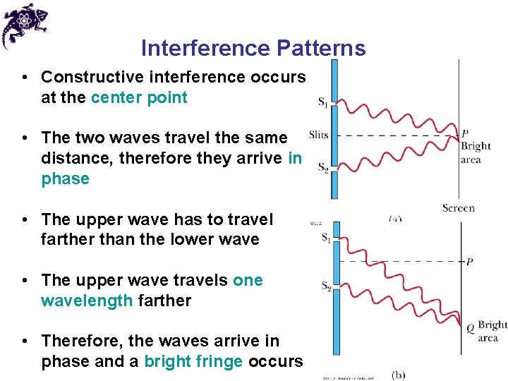 Interference Patterns • Constructive interference occurs at the center point • The two waves