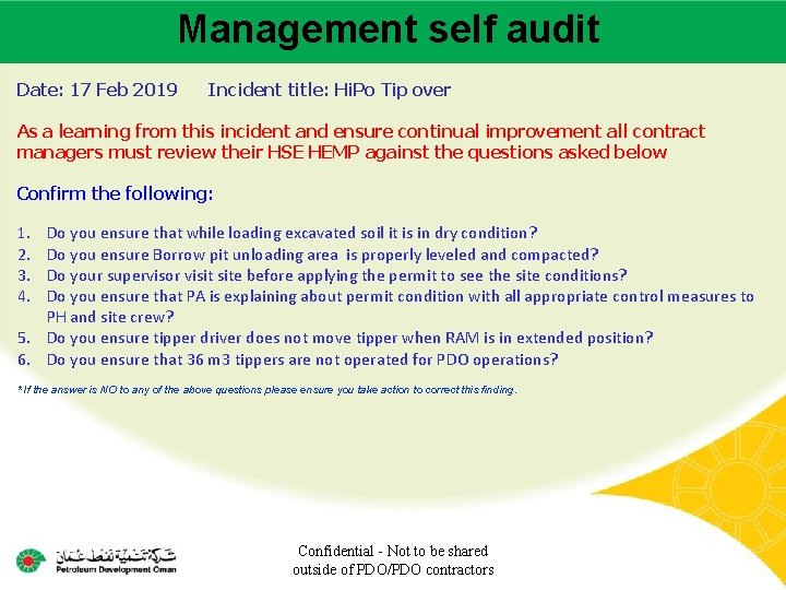 Management self audit Main contractor name – LTI# - Date of incident Date: 17