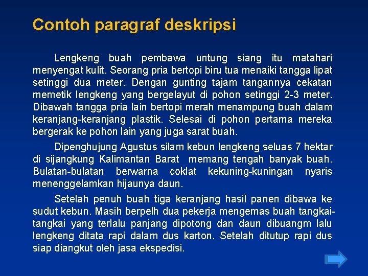 Contoh paragraf deskripsi Lengkeng buah pembawa untung siang itu matahari menyengat kulit. Seorang pria