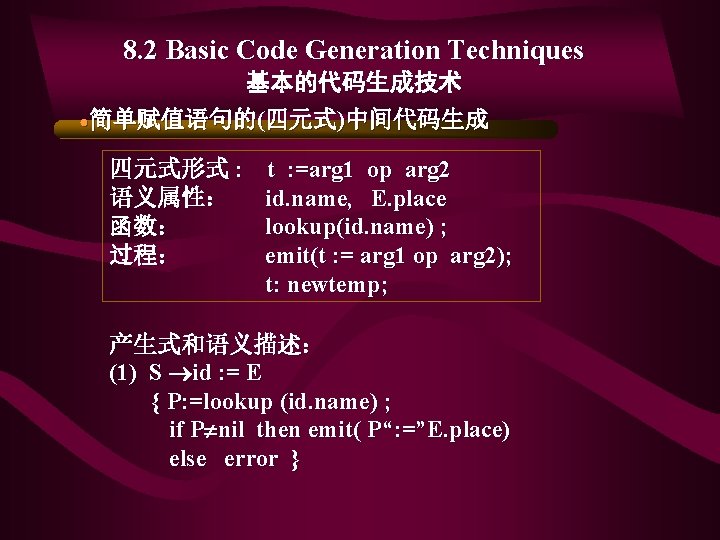 8. 2 Basic Code Generation Techniques 基本的代码生成技术 ●简单赋值语句的(四元式)中间代码生成 四元式形式 : t : =arg 1 8. 2 Basic Code Generation Techniques 基本的代码生成技术 ●简单赋值语句的(四元式)中间代码生成 四元式形式 : t : =arg 1