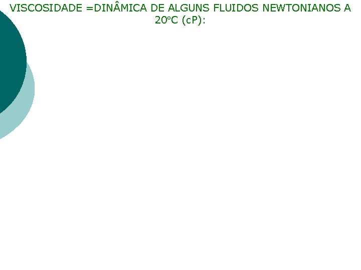 VISCOSIDADE =DIN MICA DE ALGUNS FLUIDOS NEWTONIANOS A 20 C (c. P): 