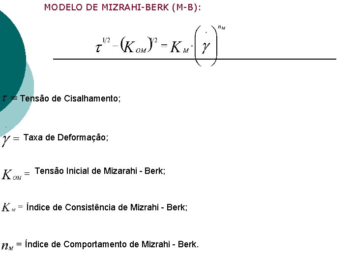 MODELO DE MIZRAHI-BERK (M-B): Tensão de Cisalhamento; Taxa de Deformação; Tensão Inicial de Mizarahi