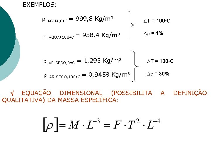 EXEMPLOS: ÁGUA, 0 • C = 999, 8 Kg/m 3 ÁGUA, 100 • C