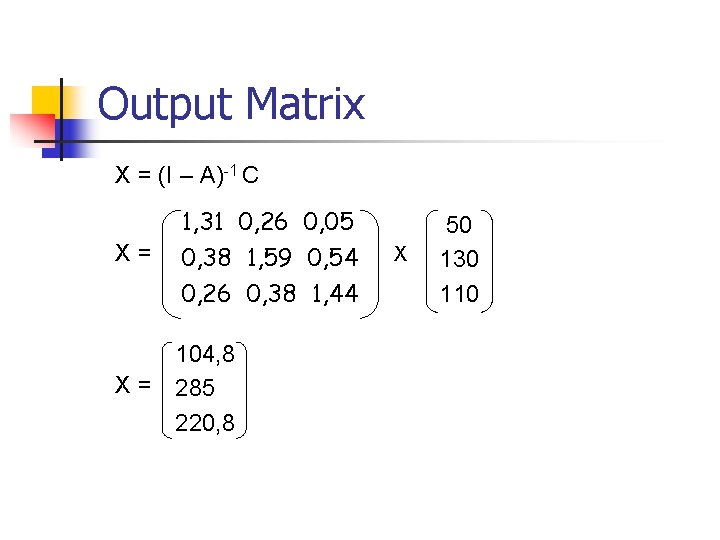 Output Matrix X = (I – A)-1 C 1, 31 0, 26 0, 05