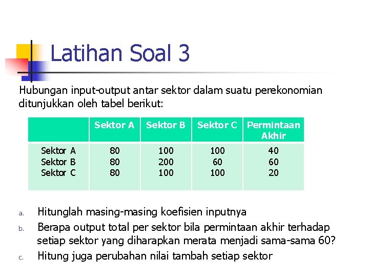 Latihan Soal 3 Hubungan input-output antar sektor dalam suatu perekonomian ditunjukkan oleh tabel berikut: