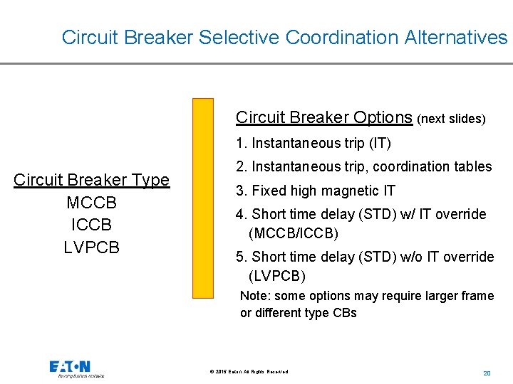 Circuit Breaker Selective Coordination Alternatives Circuit Breaker Options (next slides) 1. Instantaneous trip (IT)