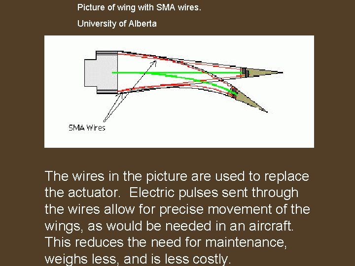 Picture of wing with SMA wires. University of Alberta The wires in the picture