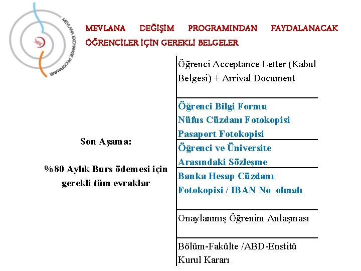 MEVLANA DEĞİŞİM PROGRAMINDAN ÖĞRENCİLER İÇİN GEREKLİ BELGELER FAYDALANACAK Öğrenci Acceptance Letter (Kabul Belgesi) +