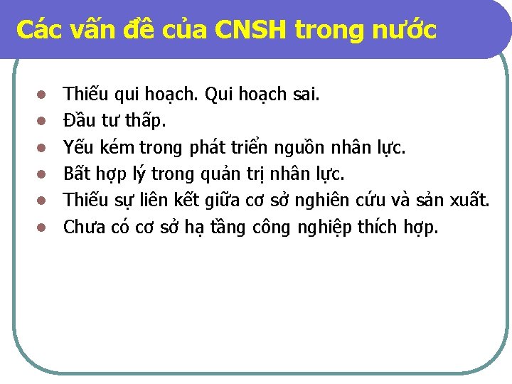 Các vấn đề của CNSH trong nước l l l Thiếu qui hoạch. Qui