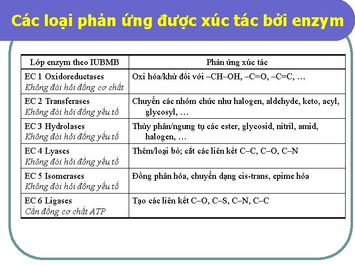 Các loại phản ứng được xúc tác bởi enzym Lớp enzym theo IUBMB Phản