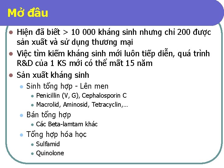 Mở đầu Hiện đã biết > 10 000 kháng sinh nhưng chỉ 200 được