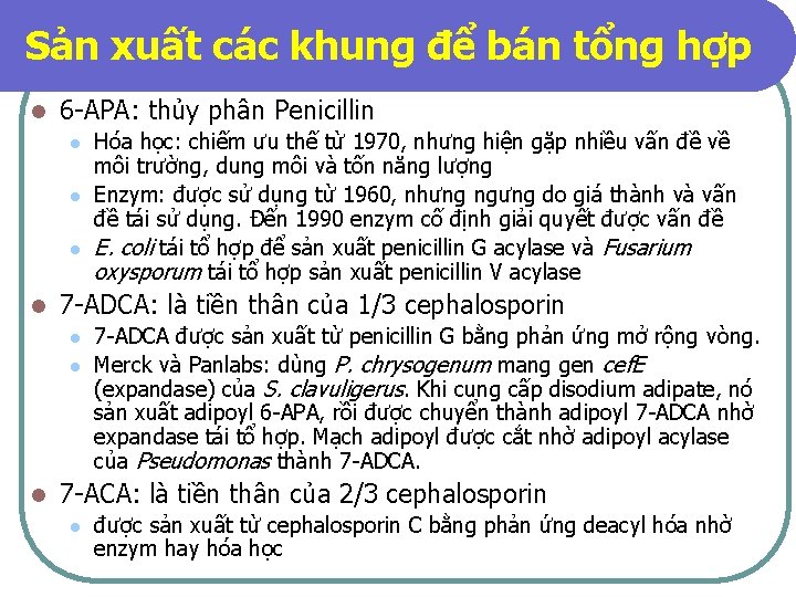 Sản xuất các khung để bán tổng hợp l 6 -APA: thủy phân Penicillin