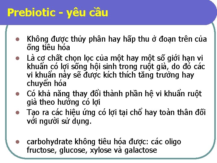 Prebiotic - yêu cầu Không được thủy phân hay hấp thu ở đoạn trên