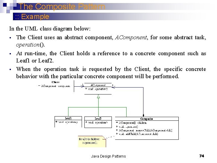 The Composite Pattern : : Example In the UML class diagram below: § The