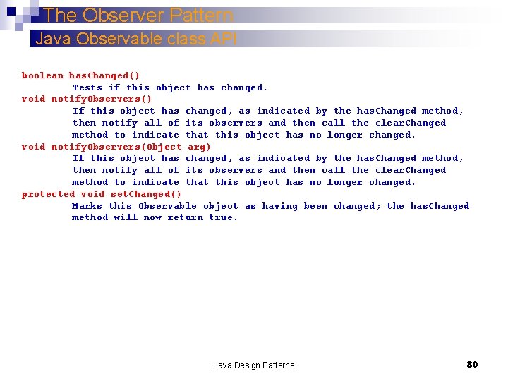 The Observer Pattern Java Observable class API boolean has. Changed() Tests if this object