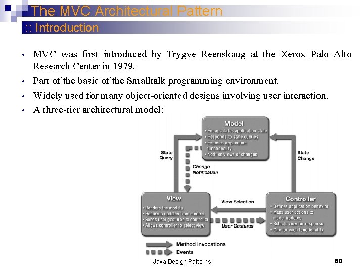 The MVC Architectural Pattern : : Introduction • • MVC was first introduced by