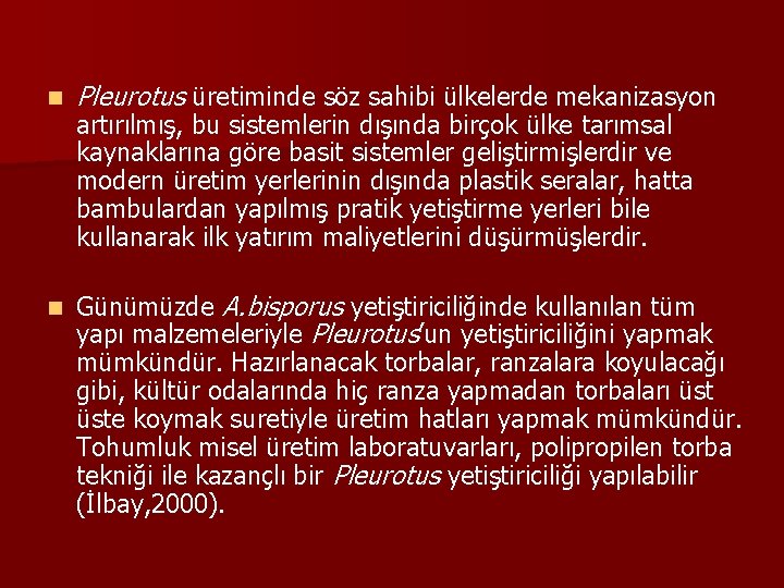 n Pleurotus üretiminde söz sahibi ülkelerde mekanizasyon n Günümüzde A. bisporus yetiştiriciliğinde kullanılan tüm