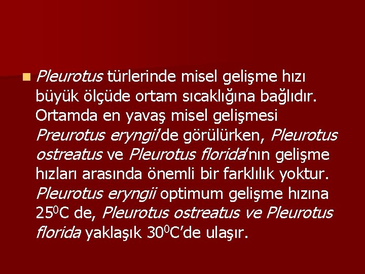 n Pleurotus türlerinde misel gelişme hızı büyük ölçüde ortam sıcaklığına bağlıdır. Ortamda en yavaş