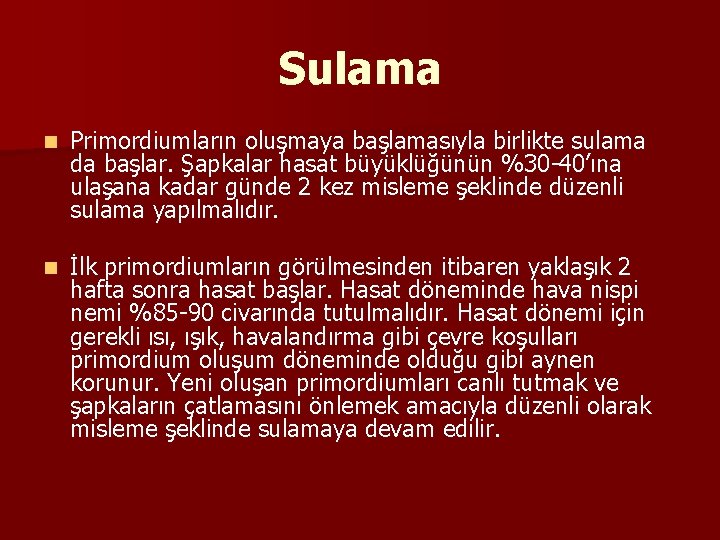 Sulama n Primordiumların oluşmaya başlamasıyla birlikte sulama da başlar. Şapkalar hasat büyüklüğünün %30 -40’ına