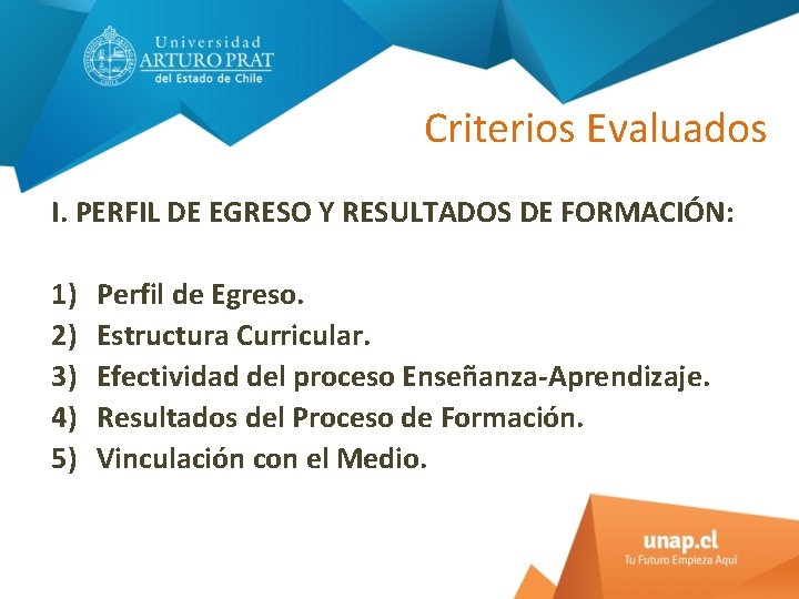 Criterios Evaluados I. PERFIL DE EGRESO Y RESULTADOS DE FORMACIÓN: 1) 2) 3) 4)