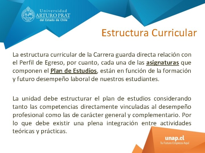 Estructura Curricular La estructura curricular de la Carrera guarda directa relación con el Perfil
