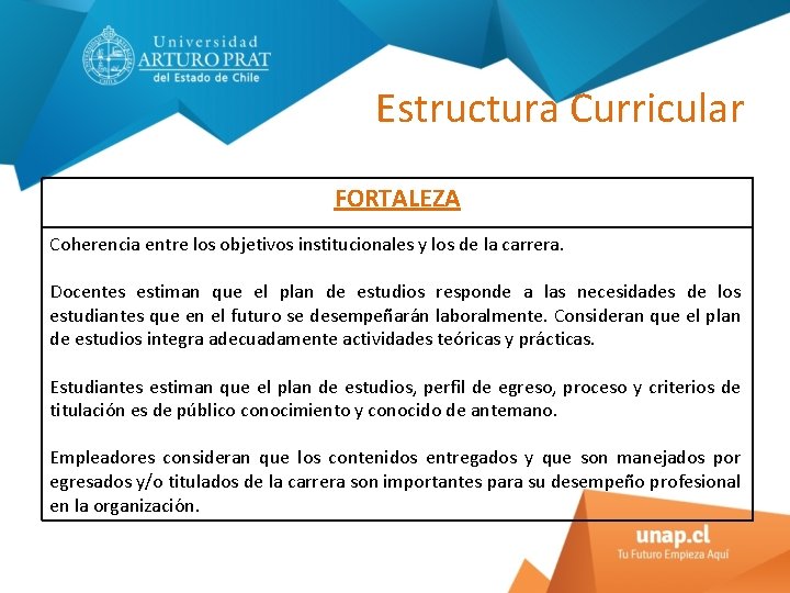 Estructura Curricular FORTALEZA Coherencia entre los objetivos institucionales y los de la carrera. Docentes