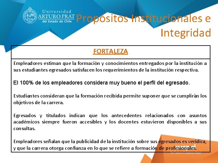 Propósitos Institucionales e Integridad FORTALEZA Empleadores estiman que la formacio n y conocimientos entregados