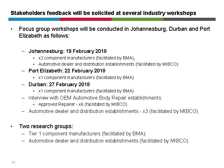 Stakeholders feedback will be solicited at several industry workshops • Focus group workshops will